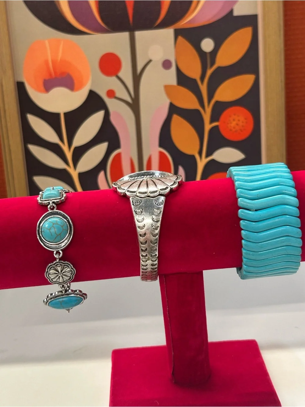 Set of 3 Southwestern bracelets silver tone with Howlite